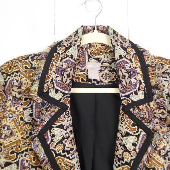 Chicos Coat Womens SZ 2 US L 12/14 Jacquard Fringe Trim Boho Retro Event Evening - Picture 3 of 12
